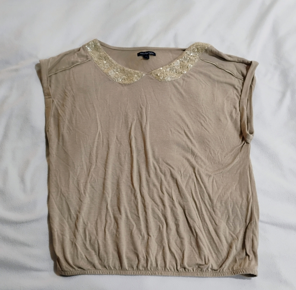 American Eagle Outfitters Beige Blouse with Gold Collar